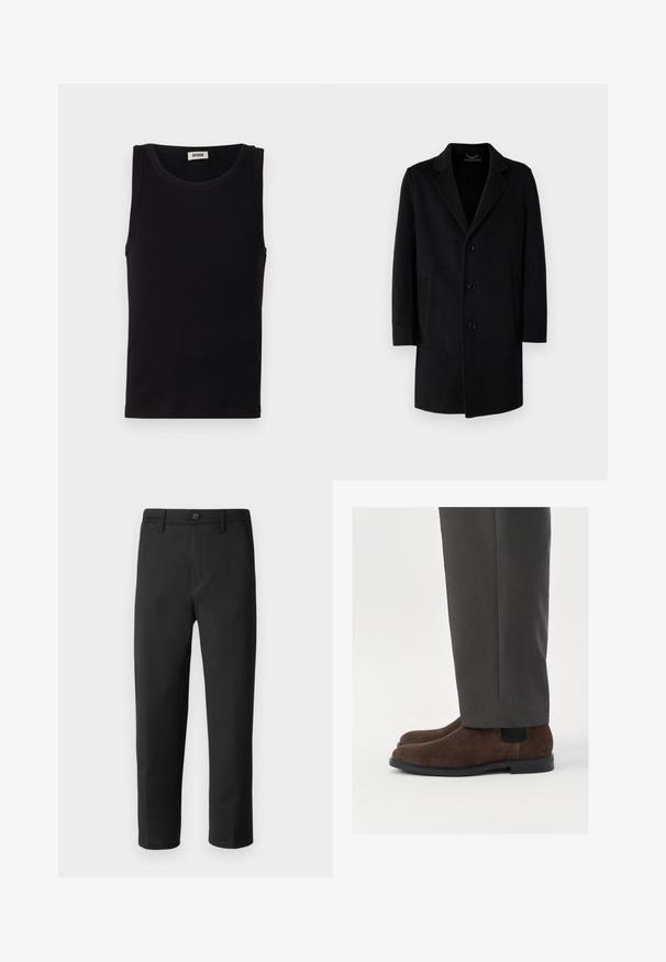 Svart ullrock med slagkrage, femknappars stängning, sidofickor och rak silhuett med långa ärmar.; Svart ärmlös linne tillverkat av mjuk bomull. Har rundad halsringning och rak skärning, med minimal sömdetalj.; Svarta byxor med rak skärning, tillverkade av ett mjukt tyg. Har knappstängning och bälteslöljer. Inga synliga mönster eller detaljer.; Bruna mocka ankellånga stövlar med elastiska sidopaneler, bärs med grå byxor. Har en rund tå och en platt gummisula.