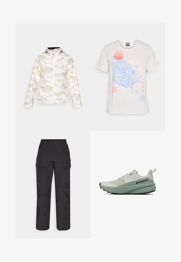 Hvid jakke med et lysegrønt abstrakt mønster, lynlås lukning, justerbar hætte og sidelommer. Lavet af et blødt, tekstureret stof.; Hvid bomulds t-shirt med blå kontur linje designs og et rødt solgrafik, med rød tekstdetalje på forsiden. Korte ærmer, rund hals.; Sorte cargo bukser lavet af holdbart stof, med flere sidelommer, en knaplukning og en løs pasform med lige ben.; Lysegrå sportsko med mintgrønne accenter, prydet med en tekstureret mesh-overdel, chunky sål og sort ydersål. Logoet vises på siden.