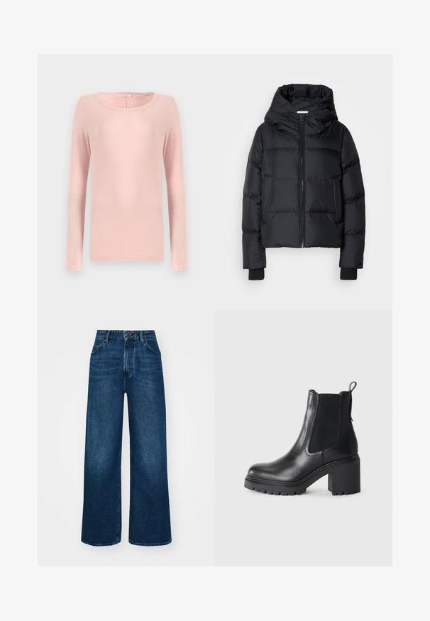 Black padded jacket featuring a hood, front zipper closure, and elasticized cuffs. Smooth texture with horizontal quilting detail.; Long-sleeve, round-neck t-shirt in soft pink fabric, featuring a simple design and smooth texture. No visible patterns or accents.; High-waisted, wide-leg jeans in dark blue denim with a smooth texture, contrast stitching, and five-pocket design. Front button closure.; Black leather ankle boot with a chunky heel, elastic side panels, and a pull tab at the back. Textured sole for added grip.