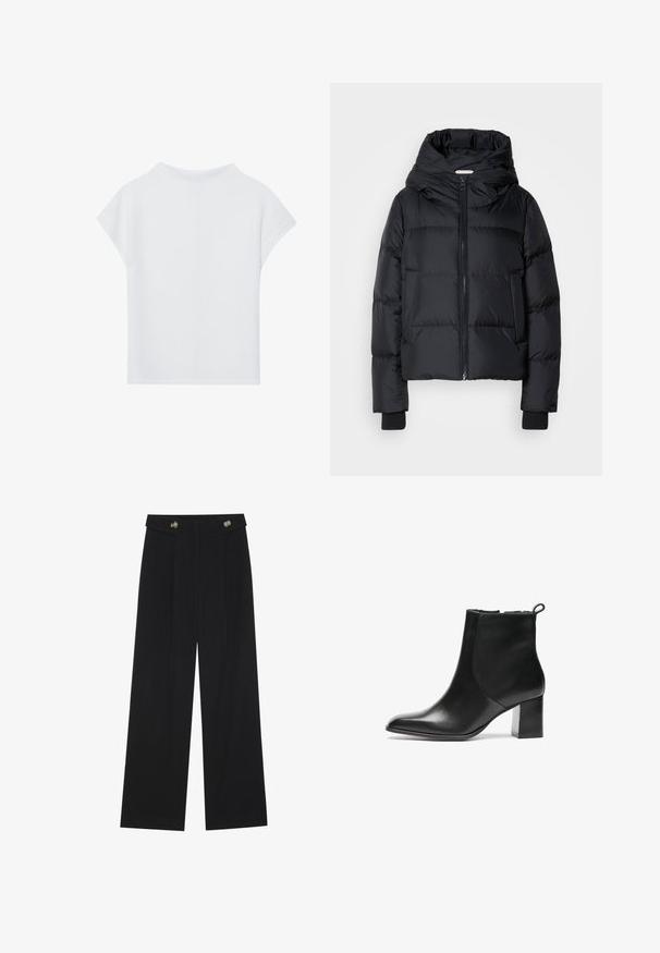 Zwarte gewatteerde jas met capuchon, ritssluiting aan de voorkant en elastische manchetten. Gladde textuur met horizontale quiltdetails.; Witte top met korte mouwen, kenmerkend door een relaxte pasvorm, lichte stof en een ronde halslijn. De achterkant toont een glad, eenvoudig ontwerp.; Zwarte wijde broek met hoge taille, knoopdetails op de tailleband en plooien aan de voorkant.; Zwarte leren enkelboot met een ronde neus, een blokhak van gemiddelde hoogte en een trekstrap aan de achterkant. Glad textuur, minimalistisch ontwerp.
