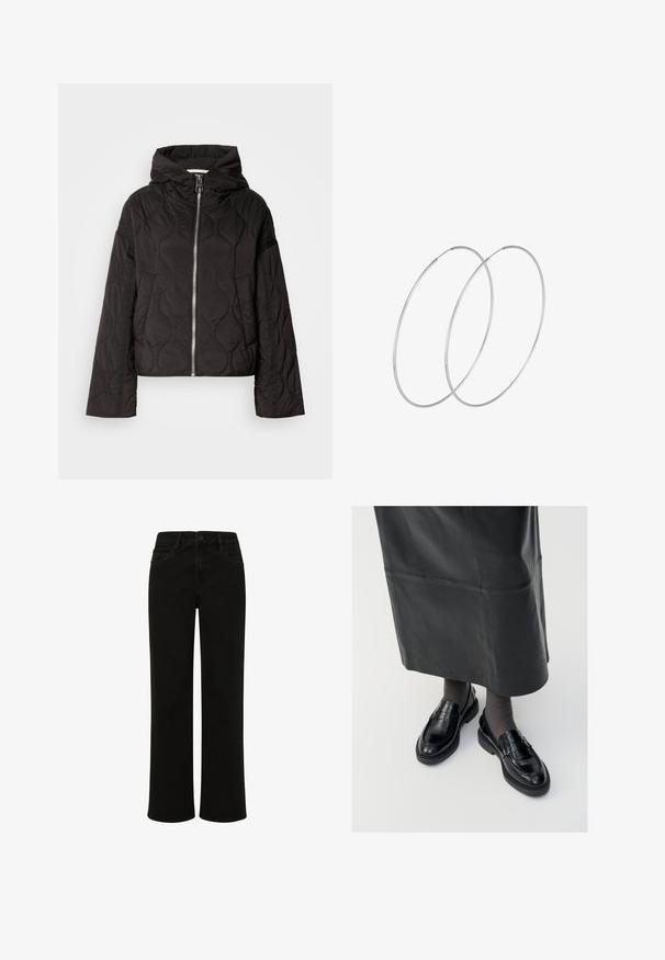 Črna prešita jakna s kapuco, ki ima sprednji zadrgo in puhasto teksturo. Oblikovana je z ohlapnim krojem in stranskimi žepi.; Črna majica s kapuco z okroglim izrezom, dolgimi raglan rokavi, elastičnimi manžetami in prilegajočim robom. Narejena iz mehkega blaga, minimalističen dizajn.; Črni jeans s ravnimi nogavicami in visokim pasom, ki imajo sprednje žepe, gumbasto zapiranje ter čiste linije brez okrasnih elementov.; Črne usnjene loafer čevlje s gladko površino, ki imajo dekorativno srajco, okroglo konico in teksturiran podplat. Nosi se z dolgim črnim usnjennim krilom.; Srebrne uhane v obliki obroča z minimalističnim dizajnom. Krožna oblika, gladka tekstura in tanek profil. Lahki s poliranim zaključkom.