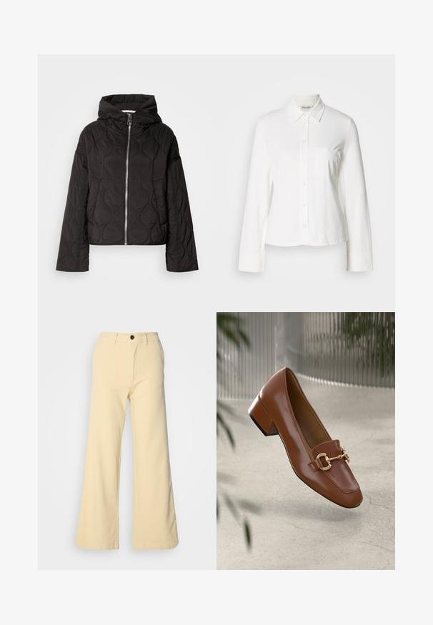 Juodas siuvinėtas švarkas su gobtuvu, turintis priekinį užtrauktuką ir purią tekstūrą. Sukurtas su laisvu siluetu ir šoninėmis kišenėmis.; Balta ilgomis rankovėmis marškiniai su aštriu apykakle, priekyje krūtinės kišenė ir apykaklės, eksponuojami ant vientiso fono.; Platus kojų kelnes šviesiai geltonos spalvos, pagamintas iš medvilnės ir poliesterio mišinio. Turi priekinius mygtukus, diržo kilpas ir dvi šonines kišenes.; Rudi lakinės odos loafer'iai su kvadrato formos nosimi, metalinėmis grandinėlių detalėmis ir žemu blokiniu kulnu; sklandus tekstūra, minimalistinis dizainas.