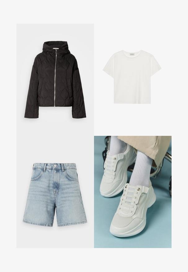 Melna izšūta jaka ar kapuci, ar priekšējo rāvējslēdzēju un pūkainu tekstūru. Izstrādāta ar brīvu piegriezumu un sānu kabatām.; Balts īsām piedurknēm T-krekls, kas izgatavots no mīksta kokvilnas. Tam ir apaļš izgriezums un brīvs piegriezums. Tīrs dizains bez redzamām rakstiem vai akcentiem.; Gaiši zili džinsu šorti ar augstu jostasvietu, piecu kabatu dizainu un neapstrādātu apakšmalu. Audums ir mazliet izbalējis ar redzamām šuvju detaļām.; Baltie sporta apavi ar sietu materiālu, gumijas zoli, bez šņoru dizainu ar elastīgām beigām un zeltainiem akcentiem.