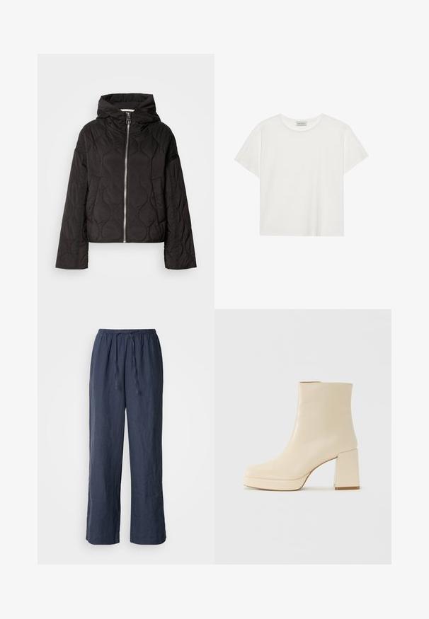 Mustmust musttakk, millel on kapuuts, esipakk ja paks tekstuur. Disainiga, millel on lõtv istuvus ja küljetaskud.; Valge lühikeste varrukatega t-särk, mis on valmistatud pehmest puuvillast. Omab ümmargust kaelust ja mugavat lõiget. Puhtad jooned, ilma nähtavate mustrite või aktsentideta.; Tumedast sinine linane püksid, millel on elastne vöökoht, stringiga sulgemine, laiad sääred ja tekstureeritud viimistlus.; Beige nahkaste kõrged saapad plokknõelaga ja platvormpõhjaga, siledat viimistlust ja kergelt ruudukujulist varvatoe, vasakul valgel taustal.