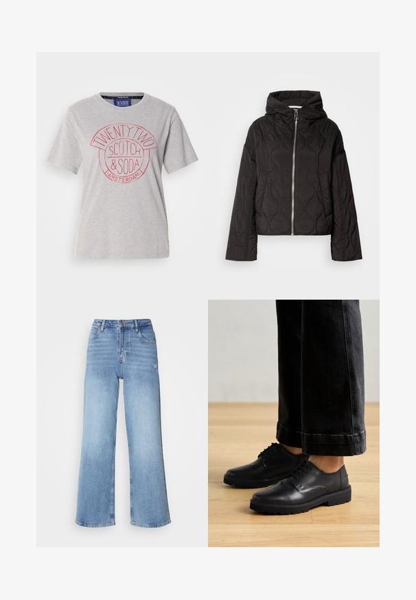 Melna izšūta jaka ar kapuci, ar priekšējo rāvējslēdzēju un pūkainu tekstūru. Izstrādāta ar brīvu piegriezumu un sānu kabatām.; Gaišgris kokvilnas T-krekls ar apaļu kakla izgriezumu, īsām piedurknēm un sarkanu grafisku apdruku, kas lasa "TWENTY TWO SCOTCH & SODA AMSTERDAM."; Gai zilu platajām bikšu no denima, ar augsto vidukli, piecu kabatu dizainu un nelielu nolietojumu labajā augšstilbā.; Melnas ādas šņorējamās kurpes ar gludu virsmu, noapaļota purngala un biezas gumijas zole, apvienotas ar īsām tumšām džinsām.