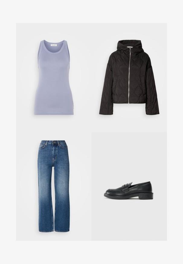Svart quiltet jakke med hette, med glidelås foran og en puffy tekstur. Designet med en løs passform og side lommer.; Lys lavendel tanktop med en tettsittende design, laget av et glatt strikket stoff. Har rund hals og brede skulderstropper, minimal merking.; Høytlivde, vide ben, blå denimjeans med gradientvask, kobbersting, frontlukking med knapp og fem lommer.; Sorte skinnloafere med rund tå, sydd detaljer og en liten hæl. Glatt tekstur og en fleksibel gummisåle.