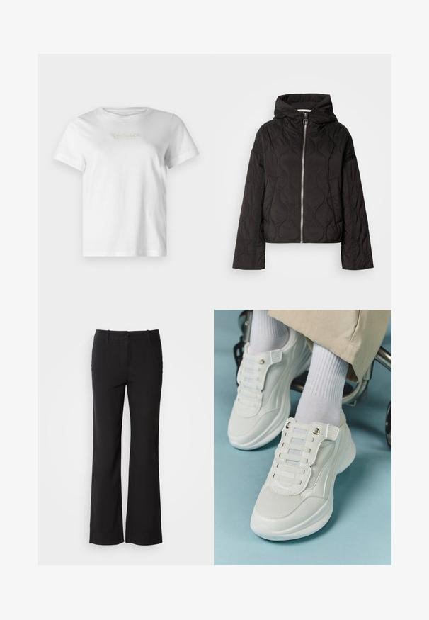 Čierna prešívaná bunda s kapucňou, so zipsom vpredu a nadýchanou textúrou. Navrhnutá s voľným strihom a bočnými vreckami.; Biely bavlnený tričko s krátkymi rukávmi, s textúrovaným zlatým a šedým logom značky na prednej strane. Klasický okrúhly výstrih, voľný strih.; Čierne nohavice z bavlneného zmesového materiálu s rovnými nohavicami, predným zapínaním na gombík a dvoma bočnými vreckami. Hladká textúra, žiadne viditeľné vzory.; Biele tenisky s materiálom z mlátenice, gumovou podrážkou, bezšnúrovým dizajnom s elastickými pásikmi a pozlátenými akcentmi.