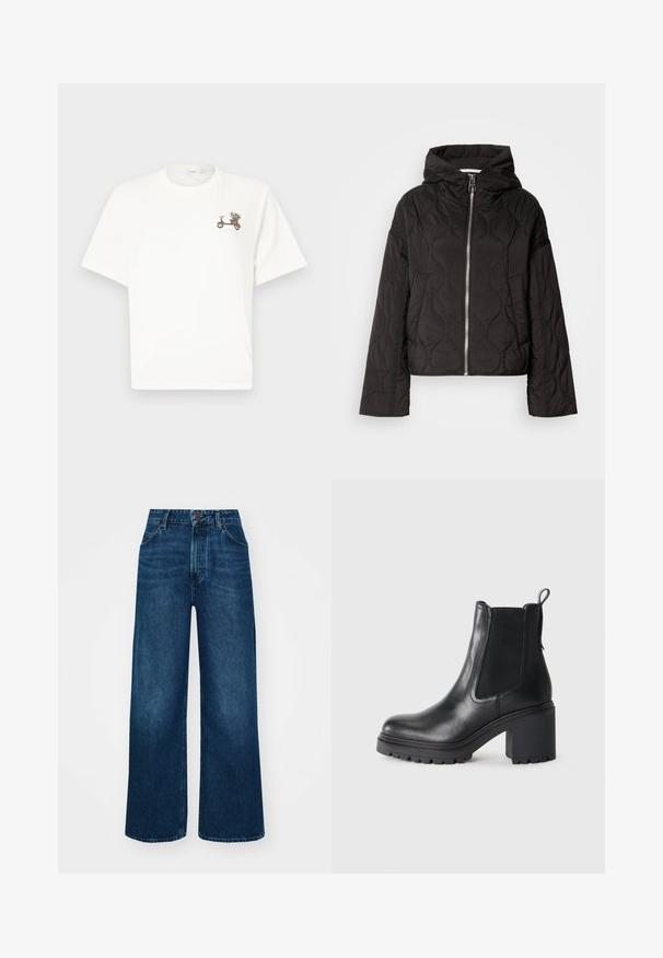 Svart quiltet jakke med hette, med glidelås foran og en puffy tekstur. Designet med en løs passform og side lommer.; Hvit bomulls t-skjorte med grafikk av en scooter med blomster, kortermet og rund hals. Glatt tekstur, uformell design.; Høyt liv, vide jeans i mørk blå denim med en jevn tekstur, kontrastsøm og fem-lommers design. Frontlukkning med knapp.; Svart lær ankelstøvel med en kraftig hæl, elastiske sidepaneler og en løftestrop bak. Teksturert såle for bedre grep.
