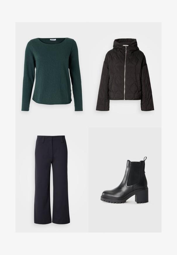 Zwarte doorgestikte jas met capuchon, voorzien van een voorkzijds rits en een puffy textuur. Ontworpen met een losse pasvorm en zijzakken.; Marc O'Polo DENIM LONGSLEEVE - Longsleeve - evergreen; Wijd-zittende broek in donkerblauwe stof. Heeft een vlakke voorkant, riemlussen en zijzakken. Het materiaal is glad met een lichte stretch.; Zwarte leren enkellaars met een chunky hak, elastische zijpanelen en een treklipje aan de achterkant. Getextureerde zool voor extra grip.