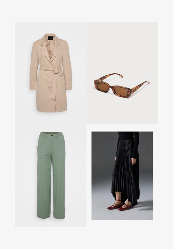 Beige wrap coat with long sleeves, notched lapels, and a tied waist belt. Textured fabric with a smooth inner lining.; Even&Odd Petite 3 PACK - Long sleeved top - black/white/light green; Wide-leg trousers in a light green fabric with a smooth texture. Features a front button closure and two side pockets.; Black pleated skirt with a high-low hem, paired with glossy red flats featuring a strap design. The fabric has a smooth texture.; Tortoiseshell sunglasses with rectangular brown lenses, a thick frame, and slim arms featuring a pattern of varying shades of brown.