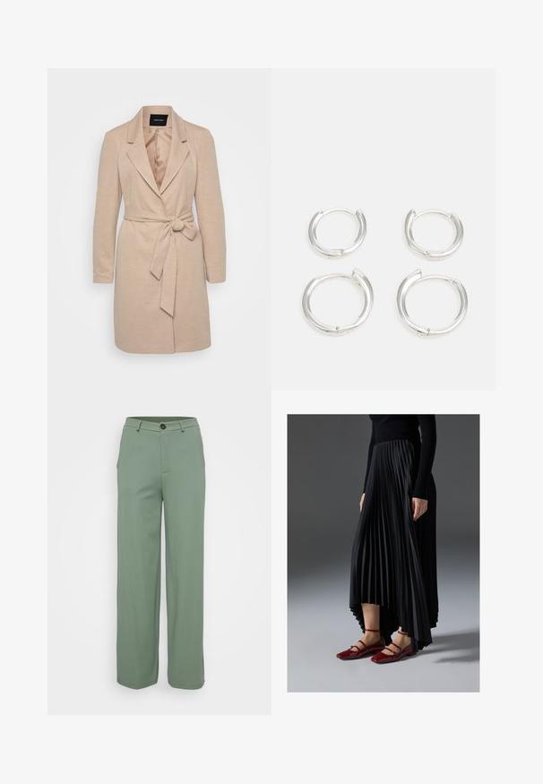 Bežani kaput s dugim rukavima, izdubljenim reverima i vezanim pojasom u struku. Teksturu s glatkom unutrašnjom podstavom.; Even&Odd Petite 3 PACK - Top dugih rukava - black/white/light green; Hlače širokih nogavica u svijetlozelenoj tkanini s glatkom teksturom. Imaju prednje zatvaranje na gumbe i dva bočna džepa.; Crna plisirana suknja s visokim i niskim rubom, uparena s sjajnim crvenim balerinkama s dizajnom trakice. Tkanina ima glatku teksturu.; Srebrne kružne naušnice s glatkom, poliranom završnom obradom. Dva para u nešto različitim veličinama. Jednostavan, kružni dizajn, lagane.