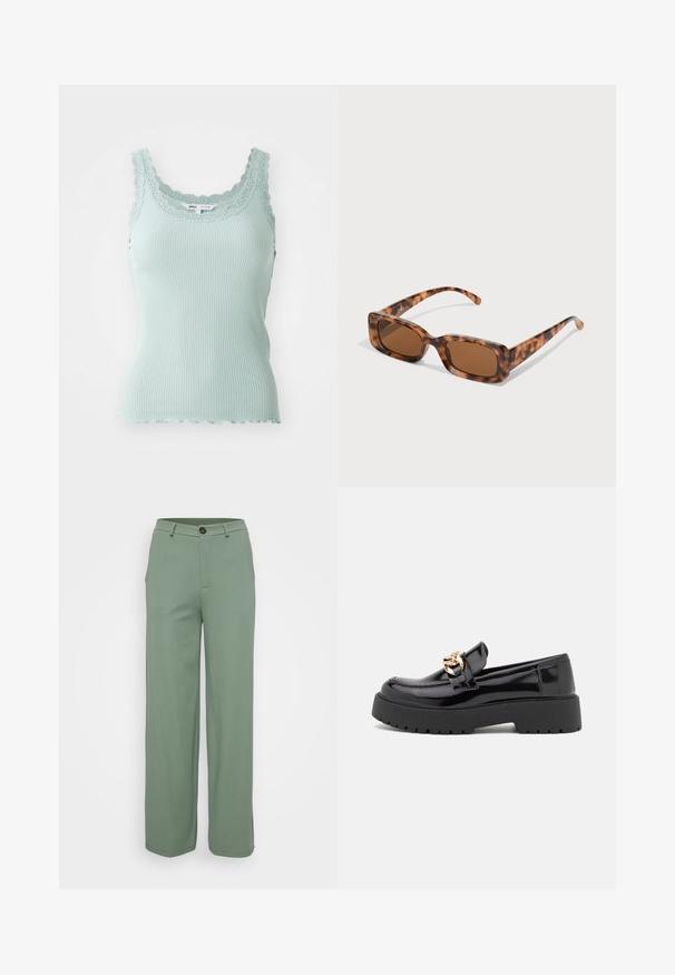 Manteau beige à enrouler avec des manches longues, des revers en pointe et une ceinture à nouer à la taille. Tissu texturé avec une doublure intérieure lisse.; Débardeur côtelé bleu clair avec un décolleté en dentelle festonné et des bretelles fines, fabriqué à partir d'un tissu doux et extensible.; Pantalons à jambes larges en tissu vert clair avec une texture lisse. Dotés d'une fermeture à bouton sur le devant et de deux poches latérales.; Mocassins en cuir verni noir avec une semelle épaisse noire et des détails en métal doré. Texture lisse et design à bout arrondi.; Lunettes de soleil en écaille de tortue avec des verres rectangulaires marron, une monture épaisse et des branches fines présentant un motif de nuances variées de marron.