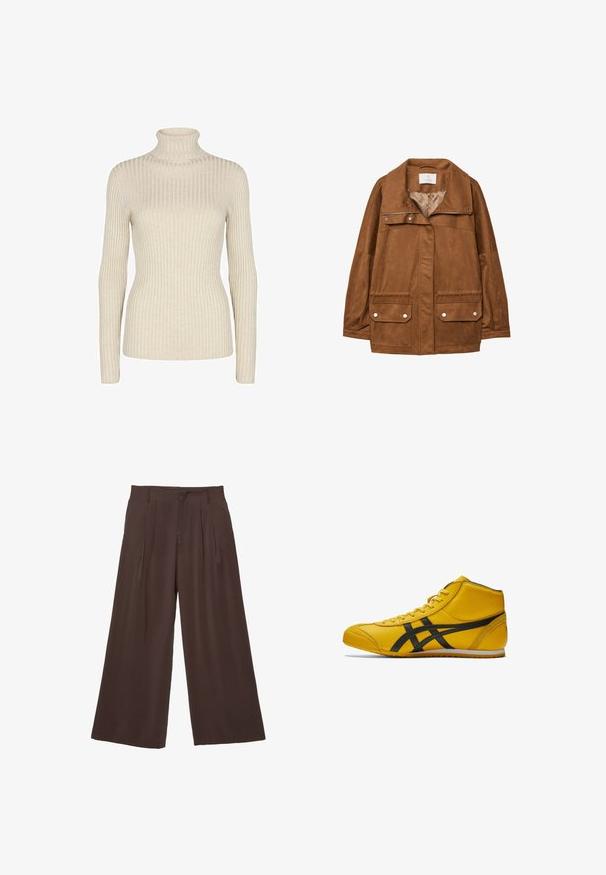 Bruine faux-suède jas met een kraag, voorrits, twee borstzakken en twee onderste klepzakken. Soepele textuur en comfortabele pasvorm.; Beige ribgebreide turtleneck trui gemaakt van zachte stof, met lange mouwen en een aansluitend ontwerp zonder versieringen.; Wijde pantalons van donkerbruin materiaal, met twee plooien aan de voorkant, een gladde textuur en een eenvoudig ontwerp met riemlussen.; Hoge sportieve schoen in felgele leren uitvoering met zwarte accenten. Heeft een gestructureerd oppervlak, veters en een rubberen zool.