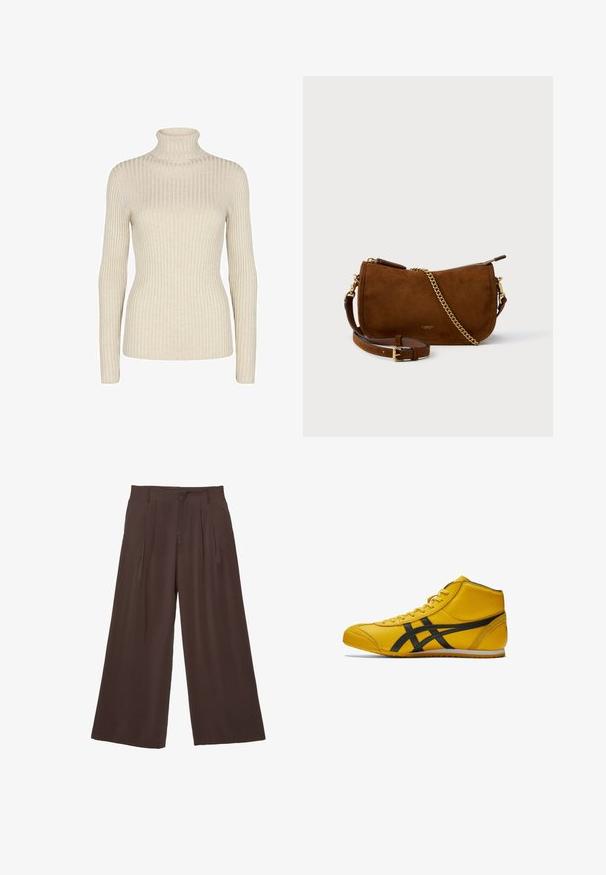 Brown faux suede jacket with a collar, front zip, two chest pockets, and two lower flap pockets. Smooth texture and relaxed fit.; Beige ribbed turtleneck sweater made of soft fabric, featuring long sleeves and a form-fitting design without embellishments.; Wide-leg trousers in dark brown fabric, featuring two front pleats, a smooth texture, and a simple design with belt loops.; High-top athletic shoe in bright yellow leather with black accents. Features a textured surface, laces, and a rubber outsole.; Brown suede crossbody bag with a textured finish, a gold chain accent, and an adjustable leather strap. Features a zip closure.