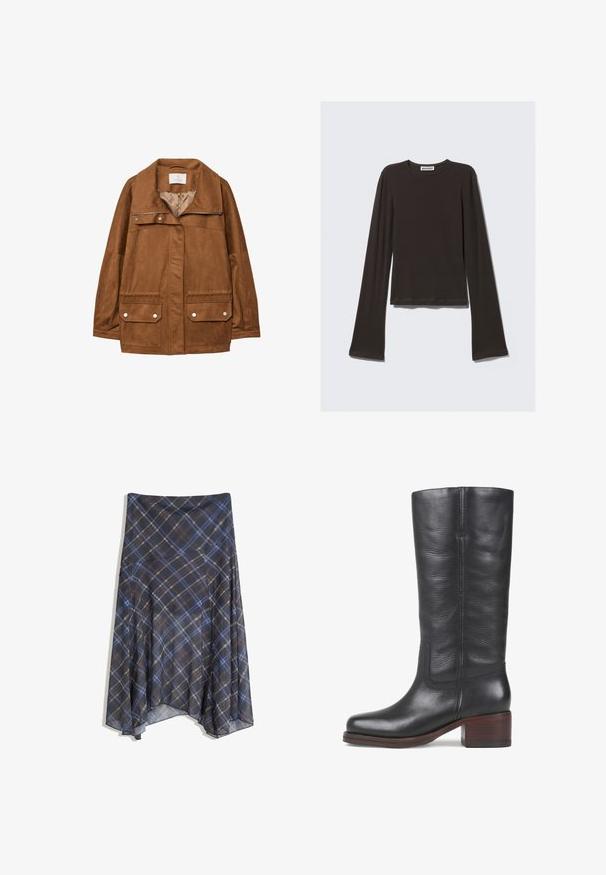 Rjava umetna suknja s ovratnikom, sprednjim zadrgo, dvema žepoma na prsih in dvema spodnjima žepoma s poklopcem. Gladka tekstura in sproščen kroj.; Temno siva dolga majica z dolgimi rokavi, izdelana iz mehke tkanine. Ima okroglo ovratnico, prilegajoče se telo in razširjene rokave z gladko teksturo.; Črna karirana krila z modrimi in rjavimi črtami, tekoče oblikovanje, srednje dolžine, izdelano iz lahkega materiala z gladko teksturo.; Črne usnjene škornje do kolen z gladko teksturo, kvadratnim nosom in zloženim lesenim peto. Imajo subtilne šive in stranski šiv.