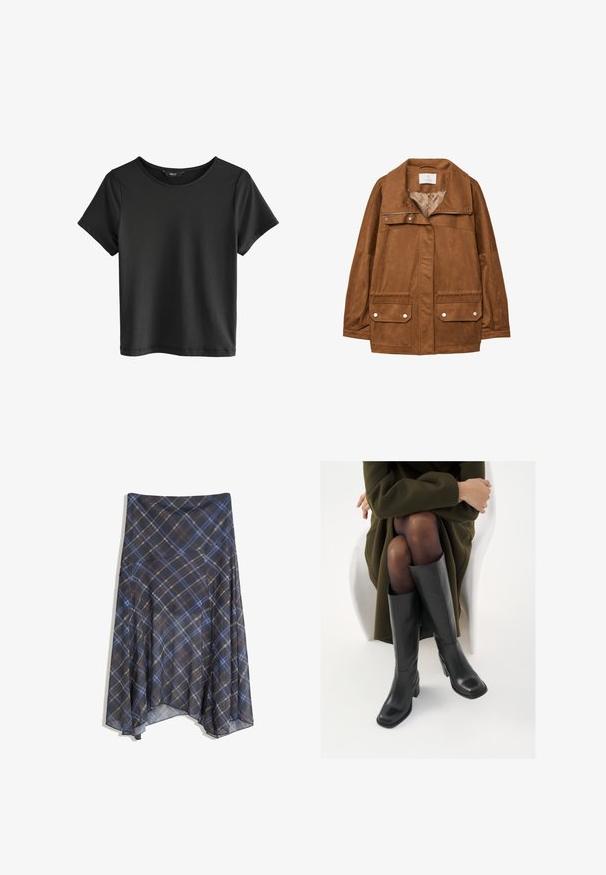 Veste en suède synthétique marron avec un col, fermeture éclair devant, deux poches poitrine et deux poches à rabat inférieures. Texture lisse et coupe décontractée.; T-shirt noir à manches courtes avec un col rond. Fabriqué en tissu doux, avec une texture lisse et un design simple et minimal.; Jupe écossaise noire présentant des lignes bleues et brunes, d'un design fluide, de longueur mi-mollet, fabriquée en tissu léger avec une texture lisse.; Bottes en cuir noires arrivant au genou, avec un bout carré et un talon carré, présentées sur un modèle assis dans un manteau vert olive. Texture lisse, détails minimaux.