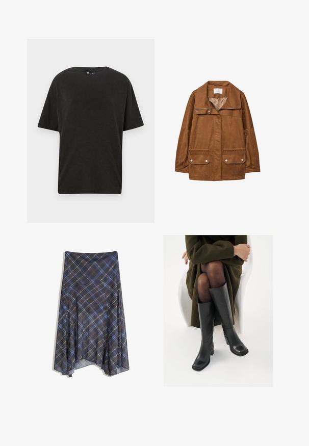 Bruine faux-suède jas met een kraag, voorrits, twee borstzakken en twee onderste klepzakken. Soepele textuur en comfortabele pasvorm.; Zwarte katoenen t-shirt met een ronde hals, korte mouwen en een relaxed fit. Heeft een gladde textuur en een minimalistisch ontwerp.; Zwarte geruite rok met blauwe en bruine lijnen, vloeiende stijl, middellang, gemaakt van lichte stof met een gladde textuur.; Knieschijf hoge zwarte leren laarzen met een vierkante neus en blokhak, getoond met een model dat zit in een olijfgroene jas. Gladde textuur, minimale details.