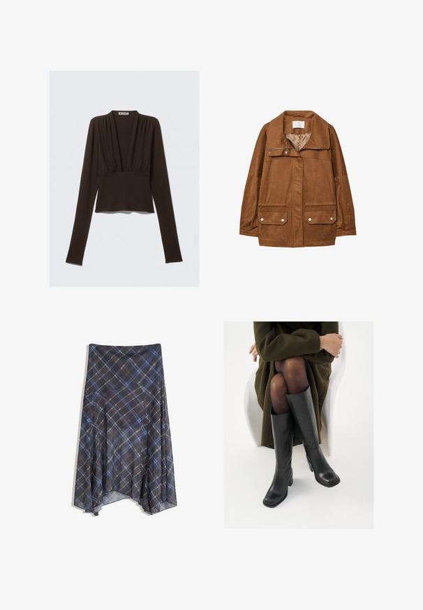 Brun faux suede jakke med krave, frontzipper, to brystlommer og to nederste flaplommer. Glat tekstur og afslappet pasform.; Brun langærmet top med v-hals, indsamlet detalje ved skuldrene og en tætsiddende talje. Fremstillet af strækstof for komfort.; Sort ternet nederdel med blå og brune linjer, flydende design, midt-længde, lavet af letvægtsstof med en glat tekstur.; Knæhøje sorte læder støvler med firkantet tå og blokhæl, vist med en model siddende i en olivengrøn frakke. Glat tekstur, minimal detaljer.