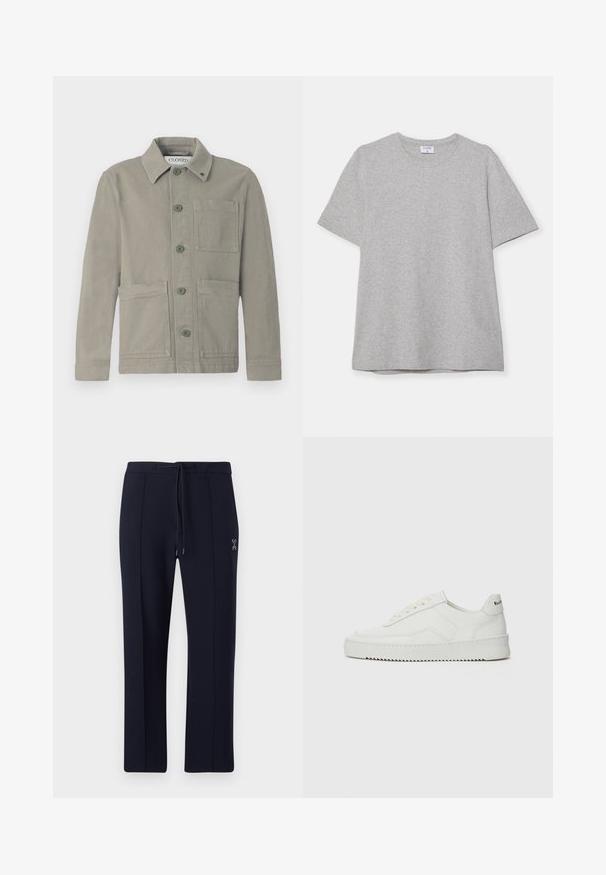 Chaqueta de algodón gris claro con cierre de botones en la parte delantera, botones verdes, cuello con solapa y dos grandes bolsillos frontales además de un bolsillo en el pecho.; Camiseta gris de manga corta hecha de una tela suave y texturizada. Presenta un cuello redondo clásico y un dobladillo recto, adecuada para uso casual.; Pantalones navy de corte relajado, con cintura ajustable y bolsillos laterales. Tejido suave con pliegues frontales sutiles y detalle de logo.; Zapatilla de cuero blanca con un acabado suave, puntera redonda, cordones planos y suela texturizada. Cuenta con un sutil logo en el talón.