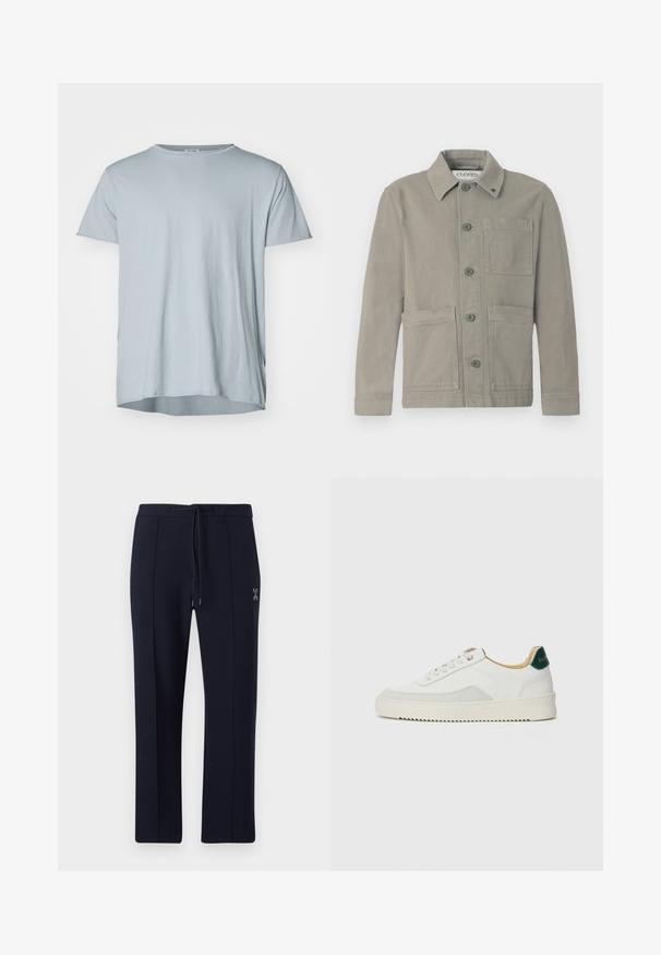 Chaqueta de algodón gris claro con cierre de botones en la parte delantera, botones verdes, cuello con solapa y dos grandes bolsillos frontales además de un bolsillo en el pecho.; Filippa K ROLL NECK TEE - Camiseta básica - thunderstorm; Pantalones navy de corte relajado, con cintura ajustable y bolsillos laterales. Tejido suave con pliegues frontales sutiles y detalle de logo.; Zapatilla blanca con acentos de ante, puntera redondeada, cordones planos y suela de goma color crema. Presenta un logo verde en el talón.