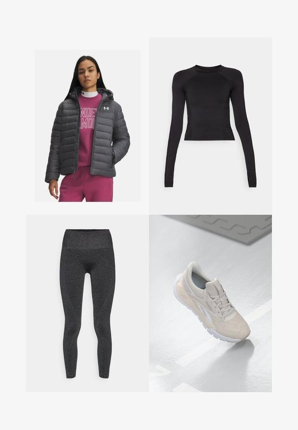 Gray puffer jacket with a hood features horizontal stitching and zip closure, worn over a pink sweatshirt with white lettering.; Black long-sleeve crop top made of stretchy fabric, featuring a round neckline and raglan sleeves with subtle seam detailing.; Black leggings featuring a shiny, textured surface, high waistband, and contoured seams for a fitted design. Suitable for active wear.; Light beige athletic shoe with a perforated upper, textured accents, padded collar, and white rubber sole, designed for comfort and breathability.