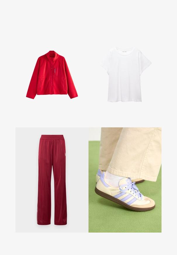Rote Fleecejacke mit hohem Kragen, Druckknöpfen, zwei Seitentaschen und einer Brusttasche mit Reißverschluss. Weicher Stoff, lässiges Design.; Weißes T-Shirt aus weichem, leichtem Stoff. Mit runder Halslinie und kurzen, weit geschnittenen Ärmeln für einen lässigen Sitz. Keine sichtbaren Muster.; Rote Sporthosen aus glattem Stoff mit einem elastischen Bund. Mit Seitestreifen und einem kleinen Logo-Detail am linken Bein.; Cremefarbene und lavendelfarbene Sneakers mit drei Streifen und einer strukturierten braunen Sohle, ausgestattet mit Schnürsenkeln und einer gepolsterten Ferse. Obermaterial aus weichem Stoff.