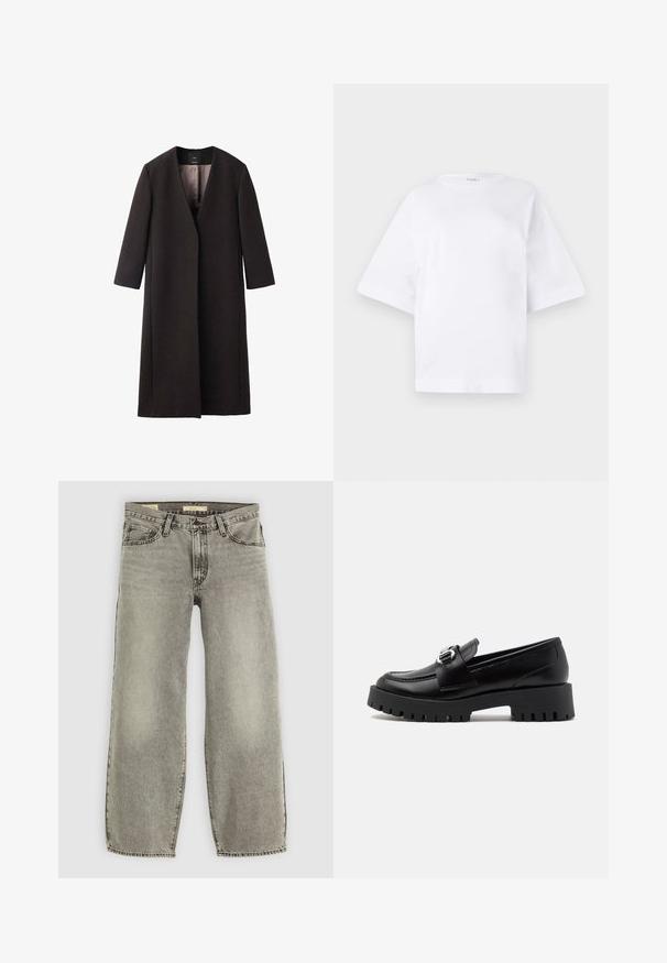 Long, dark brown coat with a V-neckline, straight cut, and three-quarter sleeves. Smooth texture with minimalistic design and no visible hardware.; White oversized t-shirt made of cotton, featuring short sleeves, a round neckline, and a straight hem without any patterns or accents.; Light gray, wide-leg jeans made of denim. Features traditional five-pocket styling and slight fading throughout the fabric.; Black leather loafers with a chunky, ridged sole and a metallic buckle accent on the strap. Smooth texture, classic design.