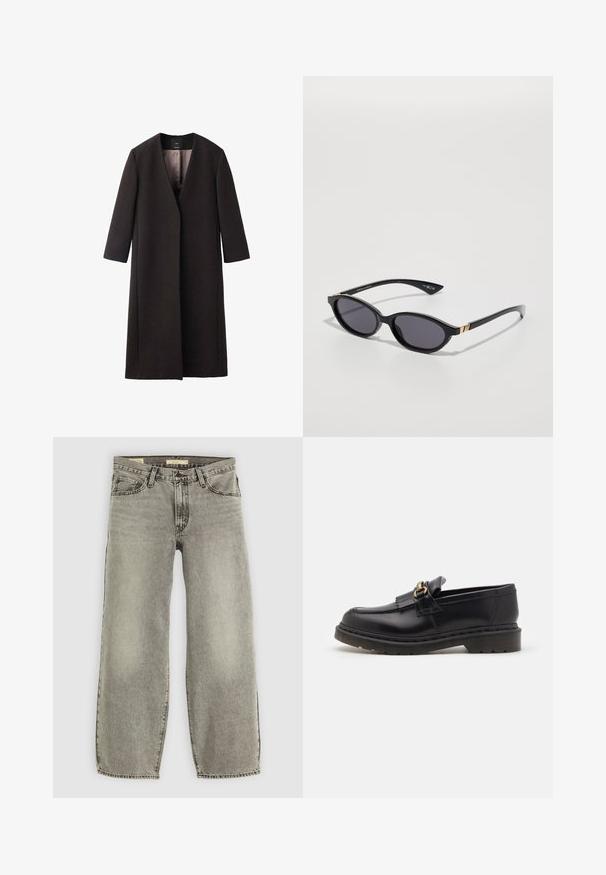 Cappotto lungo, marrone scuro, con scollatura a V, taglio dritto e maniche a tre quarti. Tessuto liscio con design minimalista e senza hardware visibile.; T-shirt bianco oversize in cotone, con maniche corte, scollo rotondo e orlo dritto, privo di motivi o dettagli.; Jeans grigi chiaro a gamba larga realizzati in denim. Presentano un classico design a cinque tasche e una leggera scoloritura su tutta la superficie.; Mocassini in pelle nera con punta tonda, frange decorative e dettagli in oro. Suola in gomma spessa per maggiore aderenza e durata.; Occhiali da sole neri con lenti ovali, tinta sfumata scura e braccetti sottili con sottili dettagli dorati. Finitura in plastica liscia.