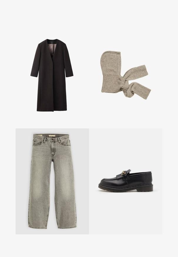 Cappotto lungo, marrone scuro, con scollatura a V, taglio dritto e maniche a tre quarti. Tessuto liscio con design minimalista e senza hardware visibile.; T-shirt bianco oversize in cotone, con maniche corte, scollo rotondo e orlo dritto, privo di motivi o dettagli.; Jeans grigi chiaro a gamba larga realizzati in denim. Presentano un classico design a cinque tasche e una leggera scoloritura su tutta la superficie.; Mocassini in pelle nera con punta tonda, frange decorative e dettagli in oro. Suola in gomma spessa per maggiore aderenza e durata.; Sciarpa di lana lavorata a maglia di colore marrone chiaro, con una forma arrotondata e estremità legate, caratterizzata da un motivo testurizzato e a coste.