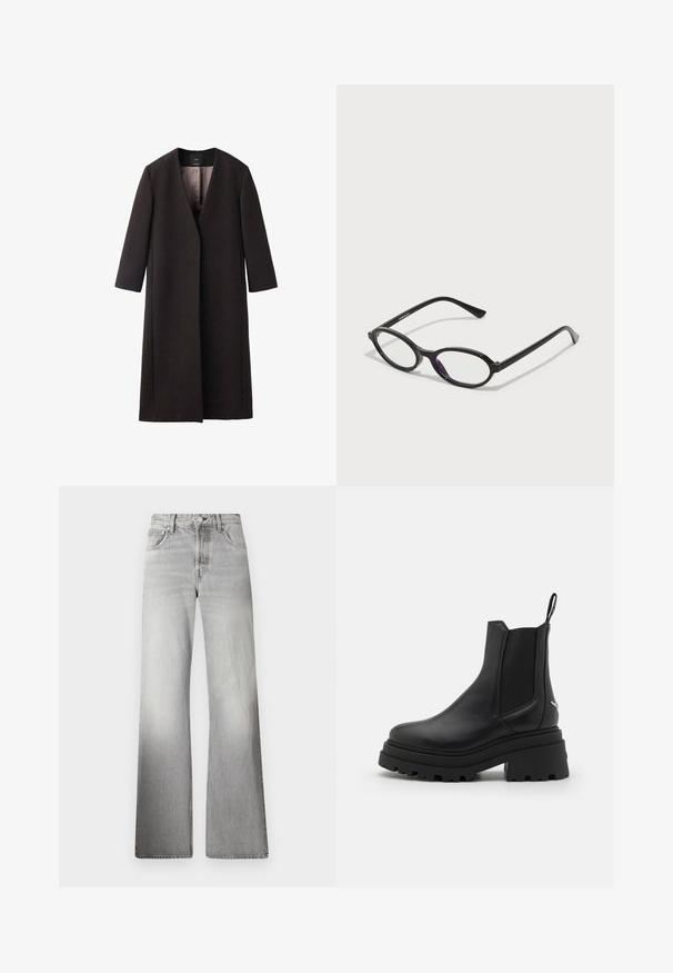 Długi, ciemno-brązowy płaszcz z dekoltem w kształcie litery V, prostym krojem i rękawami do trzech kwart. Gładka struktura o minimalistycznym designie i bez widocznych dodatków.; Biała, oversize'owa koszulka wykonana z bawełny, z krótkimi rękawami, okrągłym dekoltem i prostym dołem, bez wzorów ani akcentów.; Szare dżinsy w szerokim kroju z wysoką talią, z efektami zniszczenia, pięcioma kieszeniami oraz zamek błyskawiczny z zapięciem na guzik.; Czarne botki Chelsea wykonane z gładkiej skóry, z elastycznymi panelami po bokach, grubą, karbowaną podeszwą gumową oraz pępulką z tyłu.; Czarne okulary w owalnej oprawie z przezroczystymi fioletowymi akcentami na soczewkach. Oprawki mają matowe wykończenie oraz smukłe, proste zauszniki.