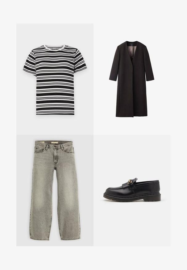 Palton lung, maro închis, cu decolteu în V, croială dreaptă și mâneci trei sferturi. Textură netedă, cu un design minimalist și fără hardware vizibil.; Tricou scurt cu mânecă, alb-negru, cu dungi orizontale de lățimi variate și un guler clasic rotund. Material din bumbac moale.; Jeans din denim gri deschis, cu picioare largi. Prezintă un stil tradițional cu cinci buzunare și o ușoară decolorare pe întreaga țesătură.; Loafers din piele neagră cu vârf rotunjit, franjuri decorative și accente din hardware auriu. Talpă groasă din cauciuc pentru aderență și durabilitate sporită.