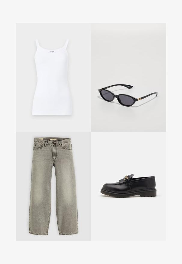 Pitkä, tummanruskea takki, jossa on V-pääntie, suora leikkaus ja 3/4-pituiset hihat. Silkka pinta, yksinkertainen muotoilu ilman näkyviä metalliosia.; Valkoinen ribbattu hihaton paita ohutwanderilla, jossa on yksinkertainen muotoilu ja lähellä vartaloa oleva siluetti. Kangas on sileä ja siinä on hieman venyvyyttä.; Vaaleanharmaat, leveät farkut, jotka on valmistettu denimistä. Ominaisuuksiin kuuluu perinteinen viisi-tasku tyyli ja kevyttä haalistumista kankaan pinnalla.; Musta nahkainen loaferi pyöreällä varvalla, koristeellisella fringellä ja kultaisilla yksityiskohdilla. Paksu kumipohja lisää pitoa ja kestävyttä.; Mustat aurinkolasit, joissa on ovaalit linssit, tummat sävygradientit ja kapeat varret, joissa on hienovaraiset kultaiset yksityiskohdat. Sileä muovipinta.