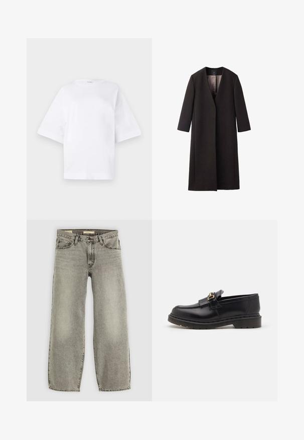 Abrigo largo de color marrón oscuro con escote en V, corte recto y mangas tres cuartos. Textura suave con diseño minimalista y sin herrajes visibles.; Camiseta blanca de gran tamaño hecha de algodón, con mangas cortas, un escote redondo y un dobladillo recto, sin ningún patrón ni acentos.; Jeans de pernera ancha en gris claro, hechos de denim. Presentan un estilo tradicional de cinco bolsillos y un ligero desgaste en toda la tela.; Mocasines de cuero negro con punta redondeada, flecos decorativos y acentos en dorado. Suela de goma gruesa para mayor tracción y durabilidad.