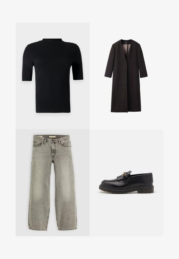 Lang, mørkebrunt frakke med V-udskæring, lige snit og trekvartærmer. Glat tekstur med minimalistisk design og ingen synlig hardware.; Sort kortærmet turtleneck skjorte lavet af glat stof, med en tætsiddende pasform, høj krave og uden synlige mønstre eller accenter.; Lys grå, bredbenede jeans lavet af denim. Har traditionel fem-lomme stil og let falmning gennem stoffet.; Sorte læder loafers med en rund tå, dekorativ frynse og gyldne hardware detaljer. Tykt gummisåle for ekstra greb og holdbarhed.