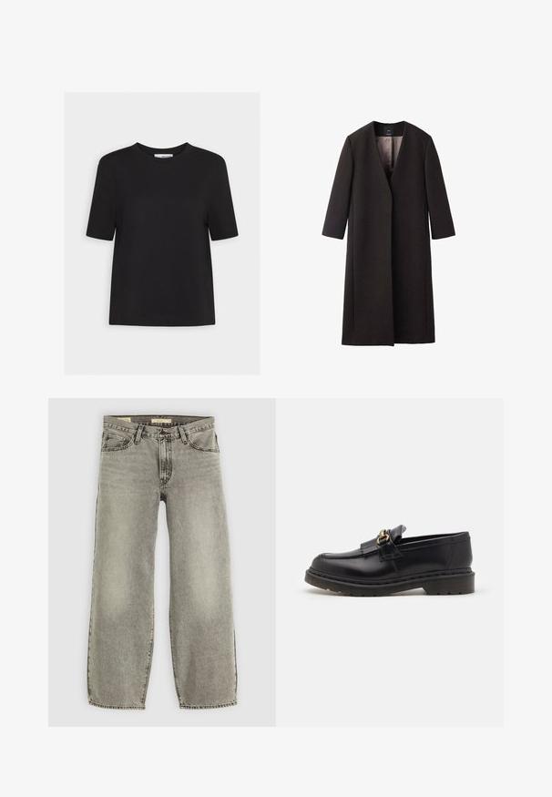 Dolga, temno rjava plašč z V-izrezom, raven kroj in tričetrtinski rokavi. Gladka tekstura z minimalističnim dizajnom in brez vidne kovinske opreme.; Črna bombažna majica s kratkimi rokavi in okroglo ovratnikom, naravnost končana. Preprost dizajn, brez vidnih vzorcev ali dodatkov.; Svetlo sivi, široki traper hlače iz denima. Imajo tradicionalen pet-pocket stil in rahlo bledenje po celotni tkanini.; Črne usnjene loafer čevlje z zaobljenim nosom, dekorativno resico in zlatimi okrasnimi elementi. Debel gumijast podplat za dodatno oprijemljivost in vzdržljivost.