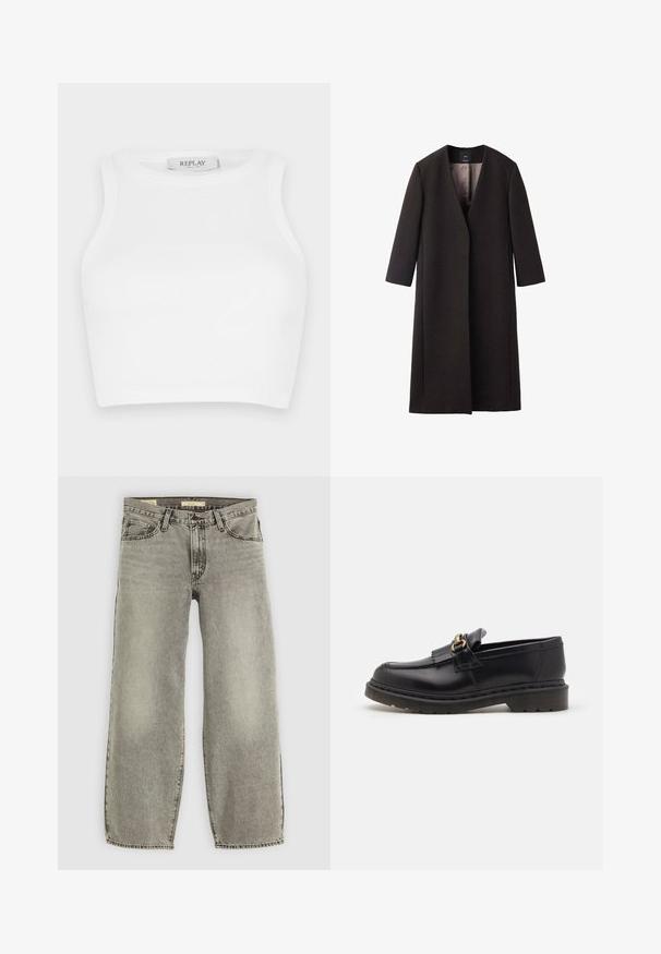 Długi, ciemno-brązowy płaszcz z dekoltem w kształcie litery V, prostym krojem i rękawami do trzech kwart. Gładka struktura o minimalistycznym designie i bez widocznych dodatków.; Biały prążkowany top w stylu crop z okrągłym dekoltem i bez rękawów. Metka przy dekolcie głosi "REPLAY". Gładka tekstura na całej powierzchni.; Jasnoszare dżinsy typu wide-leg wykonane z denimu. Charakteryzują się tradycyjnym pięciopocketowym krojem oraz lekkim wyblaknięciem na całej powierzchni.; Czarne skórzane loafersy z okrągłym noskiem, ozdobną frędzlem i złotymi detalami. Gruba gumowa podeszwa zapewniająca lepszą przyczepność i trwałość.