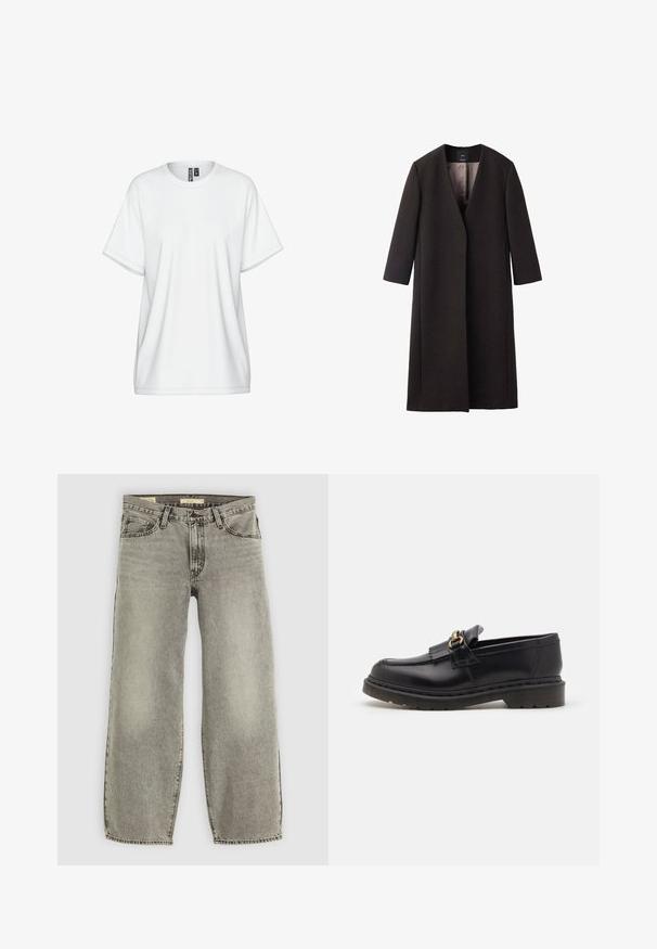 Dolga, temno rjava plašč z V-izrezom, raven kroj in tričetrtinski rokavi. Gladka tekstura z minimalističnim dizajnom in brez vidne kovinske opreme.; Bela bombažna majica z okroglim izrezom, kratkimi rokavi in sproščenim krojem. Ima subtilne šive in etiketo na ovratniku.; Svetlo sivi, široki traper hlače iz denima. Imajo tradicionalen pet-pocket stil in rahlo bledenje po celotni tkanini.; Črne usnjene loafer čevlje z zaobljenim nosom, dekorativno resico in zlatimi okrasnimi elementi. Debel gumijast podplat za dodatno oprijemljivost in vzdržljivost.