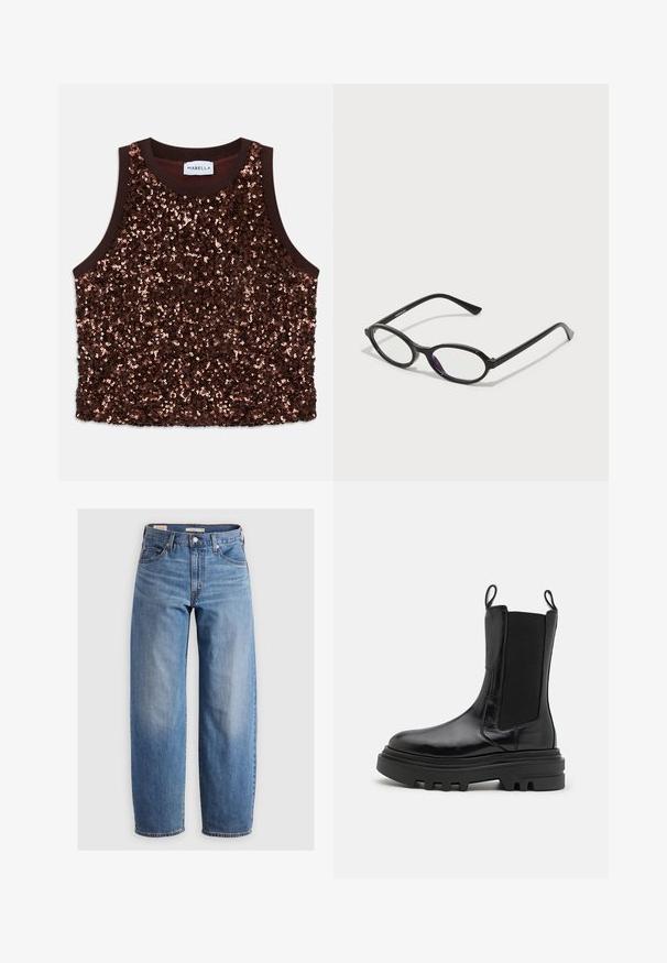 Cappotto lungo, marrone scuro, con scollatura a V, taglio dritto e maniche a tre quarti. Tessuto liscio con design minimalista e senza hardware visibile.; Top senza maniche decorato con paillettes in un ricco marrone, con un liscio bordo marrone e accenti di rame scintillanti sulla superficie frontale.; Jeans dritti blu chiaro realizzati in denim. Presentano un classico design a cinque tasche e un leggero sbiadimento lungo le gambe.; Stivaletti neri con finitura in pelle lucida, pannelli elastici ai lati, linguette di presa e suola in gomma spessa e texturizzata. Design massiccio, silhouette elegante.; Occhiali con montatura ovale nera e accenti viola traslucidi sulle lenti. La montatura ha una finitura opaca e delle astine sottili e diritte.