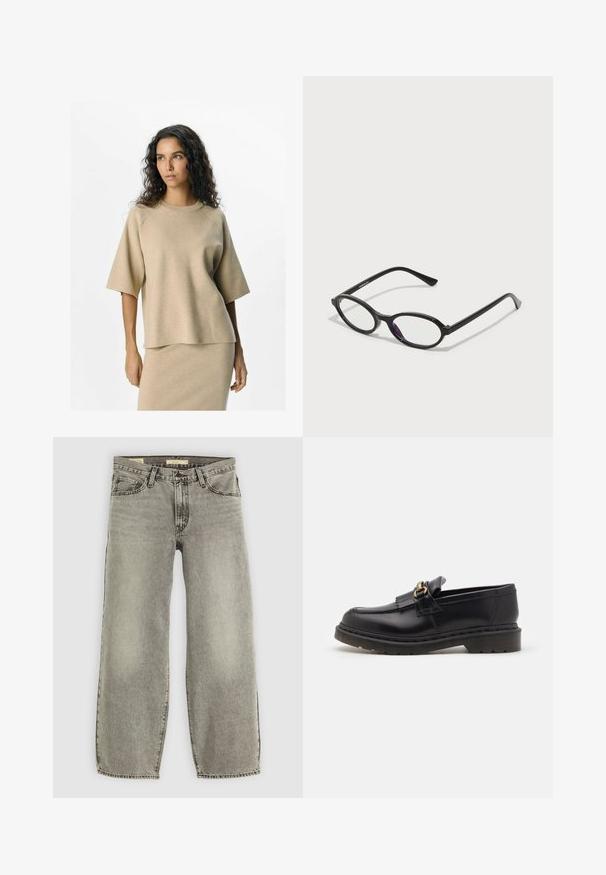 Cappotto lungo, marrone scuro, con scollatura a V, taglio dritto e maniche a tre quarti. Tessuto liscio con design minimalista e senza hardware visibile.; Top in maglia beige a maniche corte e scollatura tonda, con una vestibilità rilassata e una texture liscia. Abbinato a una gonna coordinata.; Jeans grigi chiaro a gamba larga realizzati in denim. Presentano un classico design a cinque tasche e una leggera scoloritura su tutta la superficie.; Mocassini in pelle nera con punta tonda, frange decorative e dettagli in oro. Suola in gomma spessa per maggiore aderenza e durata.; Occhiali con montatura ovale nera e accenti viola traslucidi sulle lenti. La montatura ha una finitura opaca e delle astine sottili e diritte.