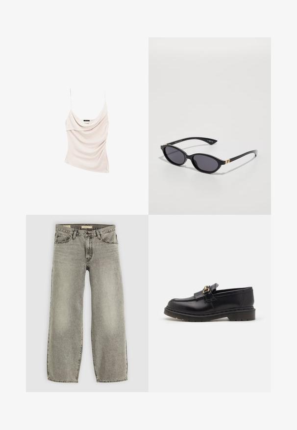 Lang, mørkebrunt frakke med V-udskæring, lige snit og trekvartærmer. Glat tekstur med minimalistisk design og ingen synlig hardware.; Lys beige tanktop med cowl-neck og tynde stropper, der har draperet stof for et tekstureret udseende og en tætsiddende silhuet.; Lys grå, bredbenede jeans lavet af denim. Har traditionel fem-lomme stil og let falmning gennem stoffet.; Sorte læder loafers med en rund tå, dekorativ frynse og gyldne hardware detaljer. Tykt gummisåle for ekstra greb og holdbarhed.; Sorte solbriller med ovale linser, mørk gradienttint og slanke arme med diskrete guldkant. Glat plastikfinish.