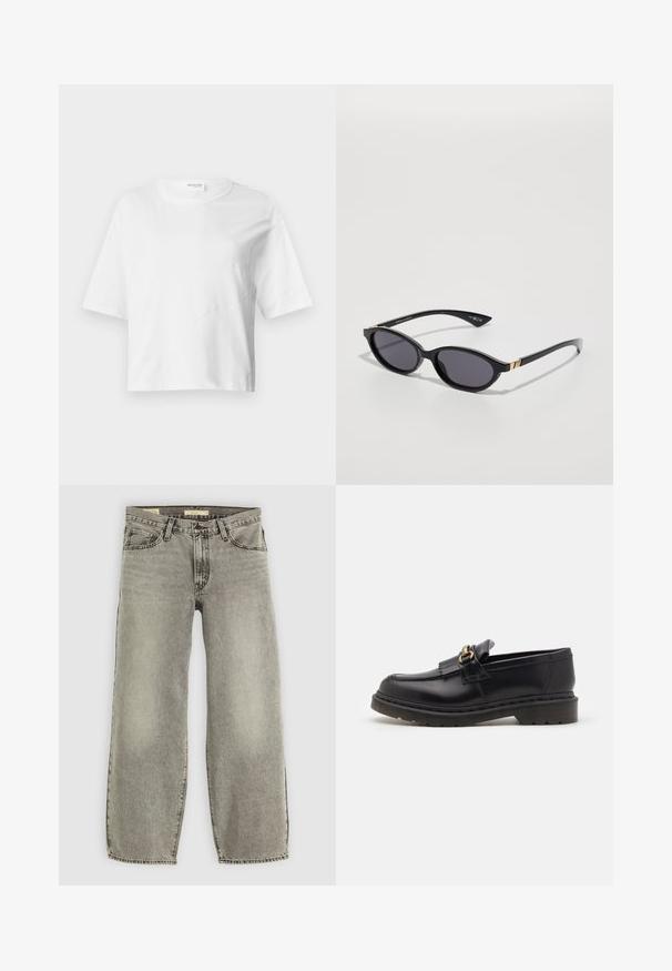 Pitkä, tummanruskea takki, jossa on V-pääntie, suora leikkaus ja 3/4-pituiset hihat. Silkka pinta, yksinkertainen muotoilu ilman näkyviä metalliosia.; Valkoinen lyhythihainen cropshirt, joka on valmistettu pehmeästä kankaasta. Se on varustettu pyöreällä kaula-aukolla ja aaltoilevilla sauman yksityiskohdilla, jotka luovat rakennetta.; Vaaleanharmaat, leveät farkut, jotka on valmistettu denimistä. Ominaisuuksiin kuuluu perinteinen viisi-tasku tyyli ja kevyttä haalistumista kankaan pinnalla.; Musta nahkainen loaferi pyöreällä varvalla, koristeellisella fringellä ja kultaisilla yksityiskohdilla. Paksu kumipohja lisää pitoa ja kestävyttä.; Mustat aurinkolasit, joissa on ovaalit linssit, tummat sävygradientit ja kapeat varret, joissa on hienovaraiset kultaiset yksityiskohdat. Sileä muovipinta.