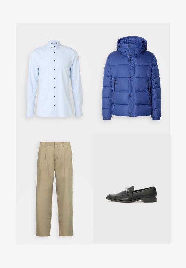 Blå pufferjakke med høy krage, knappestolpe, to glidelåslommer på sidene og hette med snor.; Lys blå langermet skjorte laget av glatt stoff, med en tradisjonell krage og mørk blå knapper som går nedover fronten.; Beige, høytlivs bukser med rett snitt, med flat front, sidelommer og et jevnt, strukturert stoff.; Sorte skinnloafers med en glatt finish, og med en sydd design og en dekorativ metallkjedeakcent over foten. Flat hæl.