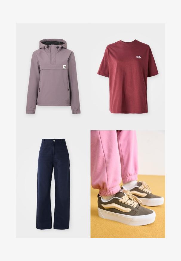 Anorak violet clair avec capuche, poche avant, cordon de serrage et poignets élastiques. Confectionné dans un matériau lisse et imperméable.; T-shirt en coton bordeaux avec un col rond, des manches courtes et un petit logo blanc sur la zone gauche de la poitrine. Texture lisse, coupe décontractée.; Un pantalon cargo large en bleu marine fabriqué dans un tissu en coton résistant, avec des poches latérales et une fermeture à bouton à la taille.; Baskets avec un dessus en daim vert olive, des accents crème et une épaisse semelle blanche. Associées à un pantalon de survêtement rose à revers, debout sur une surface jaune.