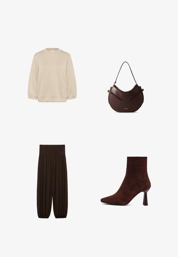 Braune Zip-up-Jacke mit weißen und kastanienbraunen Zickzackstreifen an den Ärmeln, elastischen Bündchen und zwei vorderen Taschen.; Kaffe KASIF - Sweatshirt - feather gray; Braune plissierte Hose mit einem breiten, elastischen Bund. Der Stoff ist leicht und strukturiert und hat an den Säumen Gatherings.; Braune Wildleder-Ankle-Boots mit spitzem Zehenbereich, enganliegendem Design und schlankem hohen Absatz, die sich durch klare Linien und eine glatte Textur auszeichnen.; Braune Leder-Schultertasche mit geschwungenem Design, ausgestattet mit zwei flachen Trageriemen und einem goldenen Logo-Highlight. Glatte Textur mit minimalem Metallzubehör.