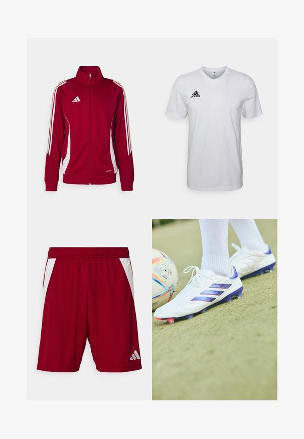 Punainen urheilu takki, jossa on korkea kaulus, edessä vetoketju, valkoiset sivu raidat ja Adidas-logo rinnassa. Valmistettu hengittävästä materiaalista.; Valkoinen puuvillapaita, jossa on V-pääntie, lyhyet hihat ja musta Adidas-logo vasemmassa rinnassa. Yksinkertainen ja kevyt muotoilu.; Punaiset urheilushortsit, joissa on sileä rakenne, valkoiset sivuakkordit, joustava vyötärö ja heijastava brändilogo oikeassa alhaalla.; adidas Performance COPA PURE 2.0 ELITE FIRM GROUND - Jalkapallokengät kiinteälle alustalle - footwear white/lucid blue/solar red