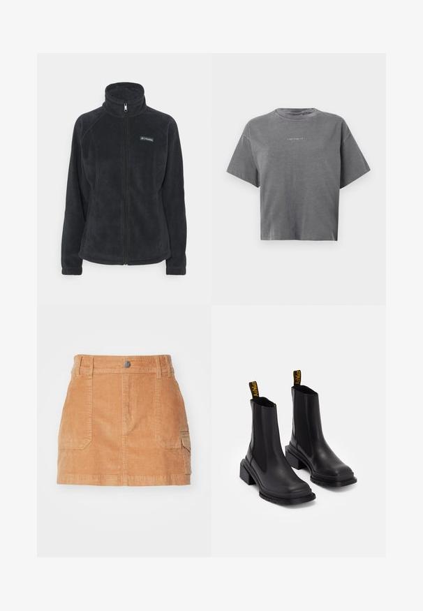 Black fleece jacket with a high collar, full zip front, and logo on the left chest. Features raglan sleeves and elastic cuffs. Soft texture.; Gray short-sleeve cropped T-shirt with crew neck and small centered white "carhartt" logo on front.; Corduroy mini skirt in light brown, featuring a high waistband, front pockets, and a smooth texture with vertical ribbing.; Black ankle boots made of smooth leather with elastic side panels, a square toe, and a chunky heel. Features yellow branded pull tabs.