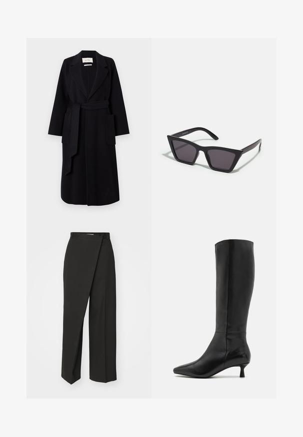 Black wool blend coat featuring a notched collar, waist tie, and two side pockets. Long sleeves and a straight silhouette.; White long-sleeve button-up shirt in a smooth cotton blend. Features a classic collar, front button closure, and rounded cuffs.; Black trousers featuring a wrap design, wide legs, and a smooth, structured fabric. No visible patterns or accents.; Zign Boots - black; Black, angular sunglasses with gray lenses; made of plastic, featuring thick arms with a smooth surface and no visible hardware.