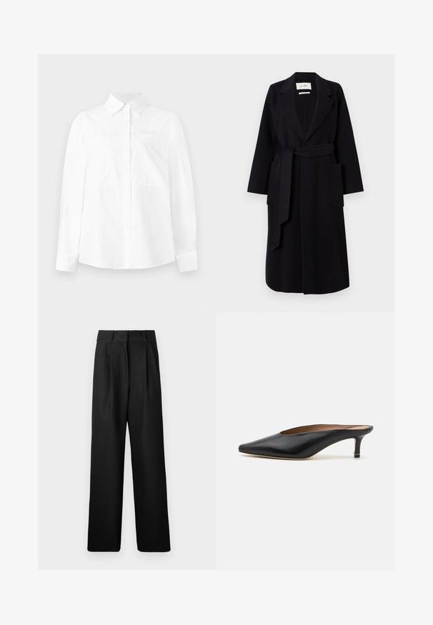 Čierny vlnený kabát s výstrihom do "V", opaskom v páse a dvoma bočnými vreckami. Dlhé rukávy a rovný strih.; Biela košeľa s dlhým rukávom a golierom s gombíkmi, dvoma náprsníkovými vreckami a rovnými strihom. Vyrobená z ľahkého materiálu s hladkou textúrou.; Čierne široké nohavice s hladkou textúrou, s prednými skladmi a vysokým pásom. Vyrobené z ľahkého materiálu.; Čierne kožené muly s špicatou špičkou a nízkym blokovým opätkom. Hladká textúra s elegantným dizajnom. Otvorená zadná časť s minimálnym detailom.