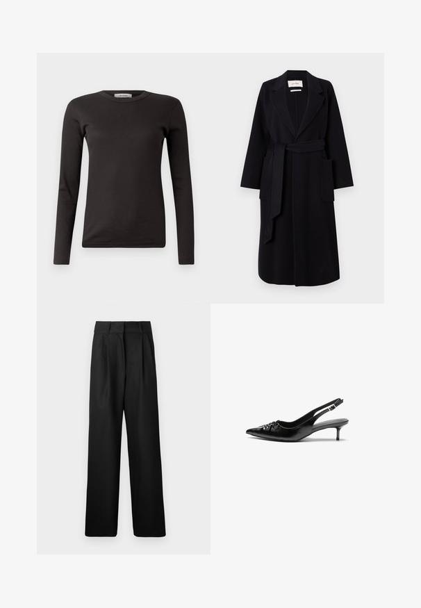 Black wool blend coat featuring a notched collar, waist tie, and two side pockets. Long sleeves and a straight silhouette.; Black long-sleeve ribbed T-shirt with a round neckline, made of soft fabric, featuring a basic design without embellishments or patterns.; White long-sleeve button-up shirt in a smooth cotton blend. Features a classic collar, front button closure, and rounded cuffs.; Black wide-leg trousers with a smooth texture, featuring front pleats and a high waist design. Made from a lightweight fabric.; Black leather slingback heels with a pointed toe, small kitten heel, and a decorative knot detail on the front. Smooth texture throughout.