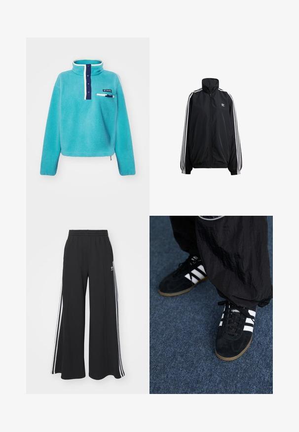 Svart jakke med glidelås laget av lett materiale. Har høy krage, elastiske mansjetter og hvite striper nedover sidene. Lite logo på brystet.; Turkise fleece-pullover med marineblå knappestolpe, hvitkantet krage, glidelås lomme på brystet og Columbia-logo-patch.; Svart vide joggebukser med elastisk midjebånd, med hvite sidestriper og brodert logo på venstre lår.; Svarte semskede joggesko med tre hvite striper og svarte snøring. Et teksturert svart bukse er delvis synlig ved siden av skoene.